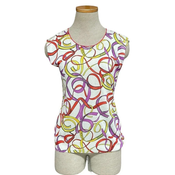 Escada Sport Top Ribbon Print Shirt Knit Open White Colorful Size Small S - Picture 1 of 17